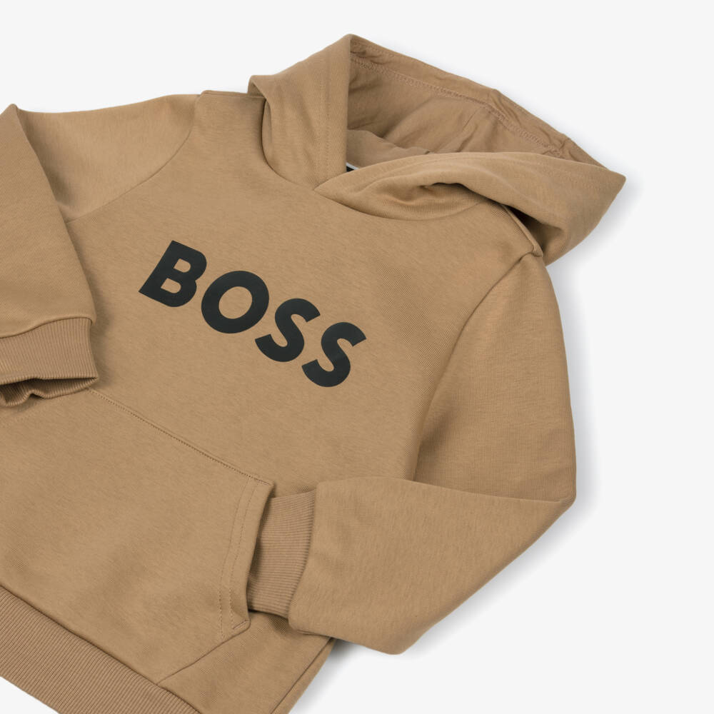 BOSS-Boys Beige Cotton Logo Print Hoodie | Childrensalon Outlet