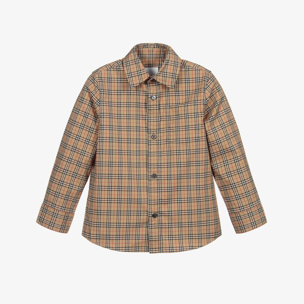 Burberry-Boys Beige Cotton Microcheck Shirt | Childrensalon Outlet