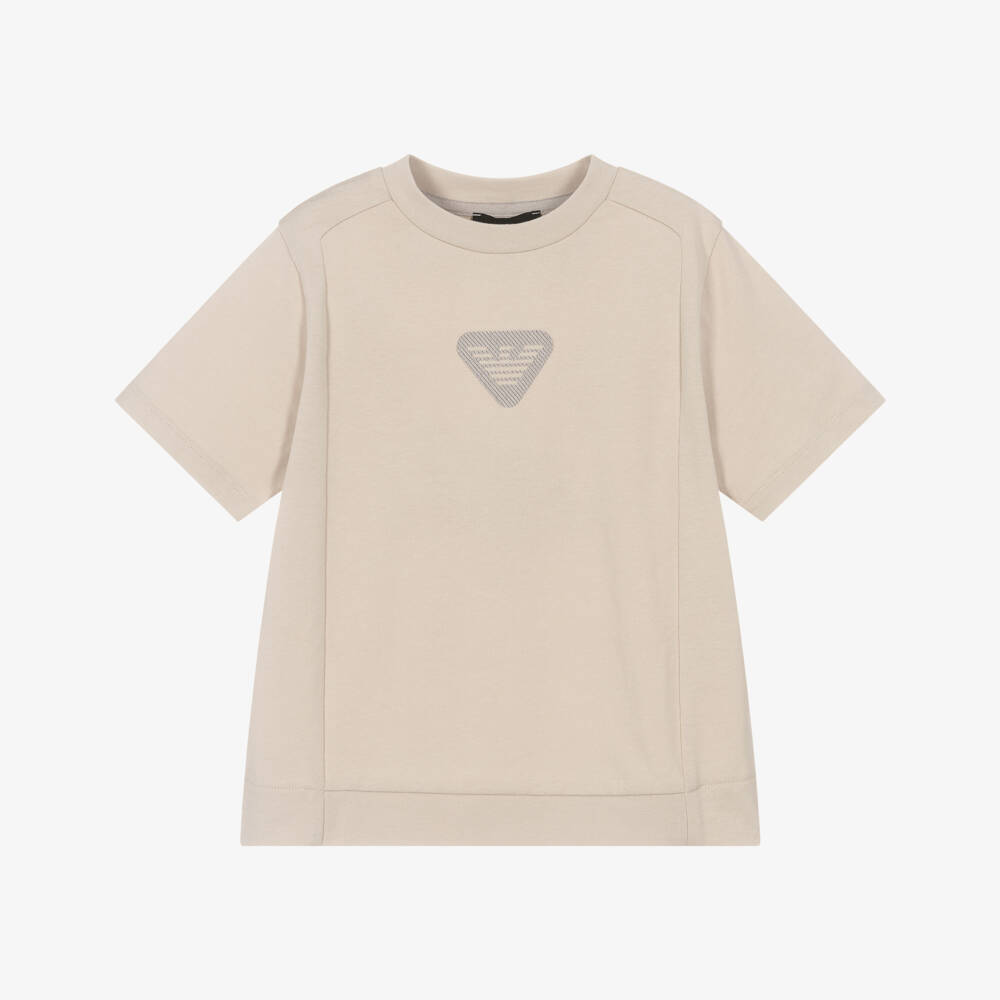 Emporio Armani-Boys Beige Cotton Panelled T-Shirt with Eagle Logo | Childrensalon Outlet