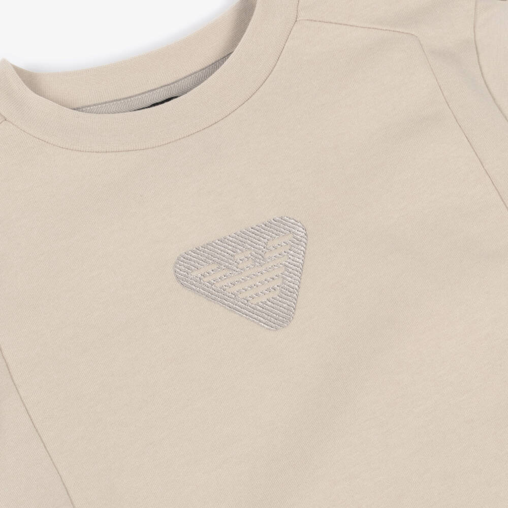 Emporio Armani-Boys Beige Cotton Panelled T-Shirt with Eagle Logo | Childrensalon Outlet