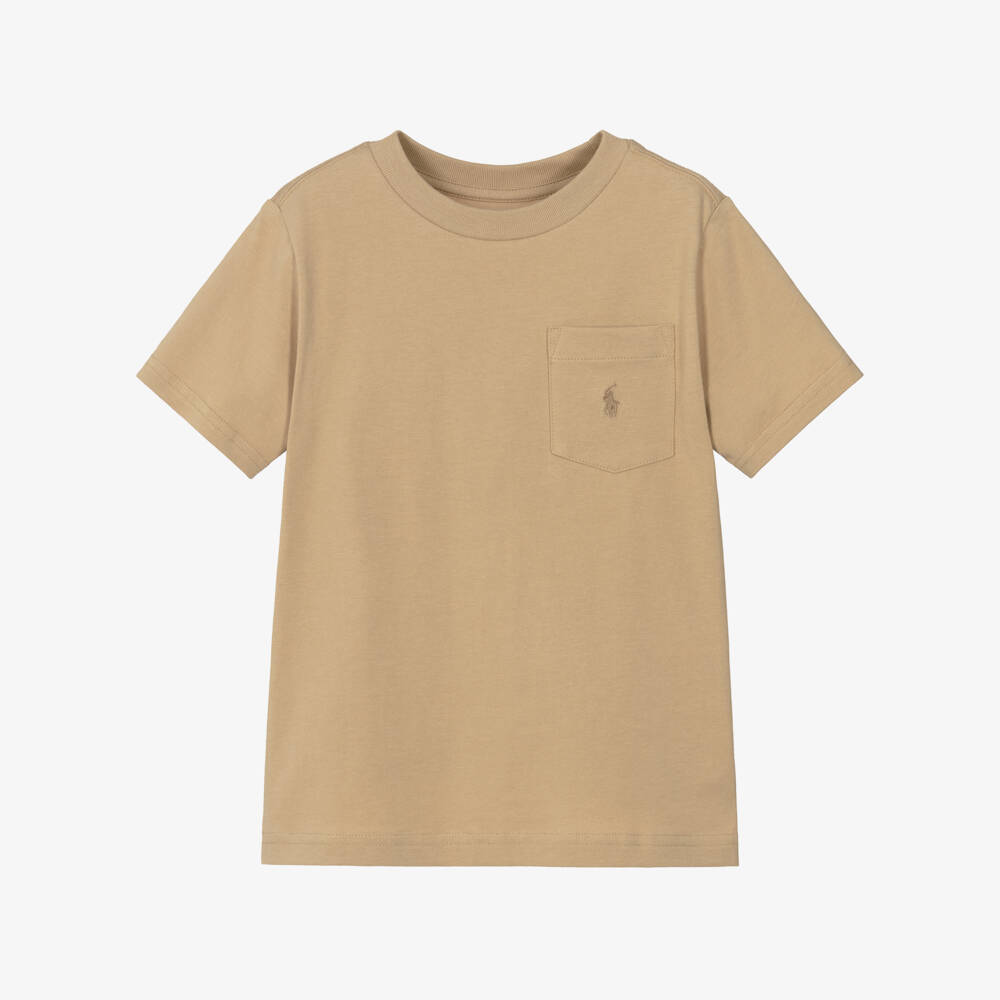 Ralph Lauren-Boys Beige Cotton Pocket with Pony Logo T-Shirt | Childrensalon Outlet