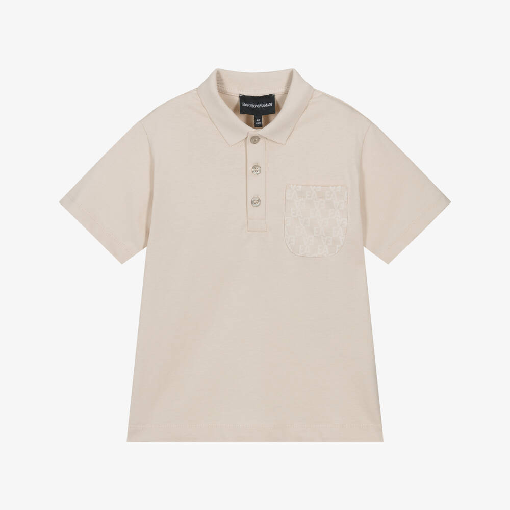 Emporio Armani-Boys Beige Cotton Polo Shirt with Flocked EA Logo Pocket | Childrensalon Outlet