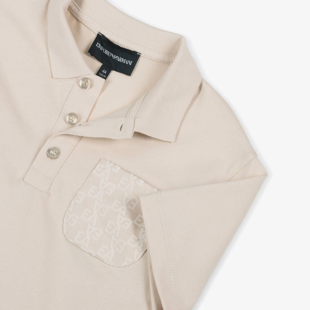 Emporio Armani-Boys Beige Cotton Polo Shirt with Flocked EA Logo Pocket | Childrensalon Outlet