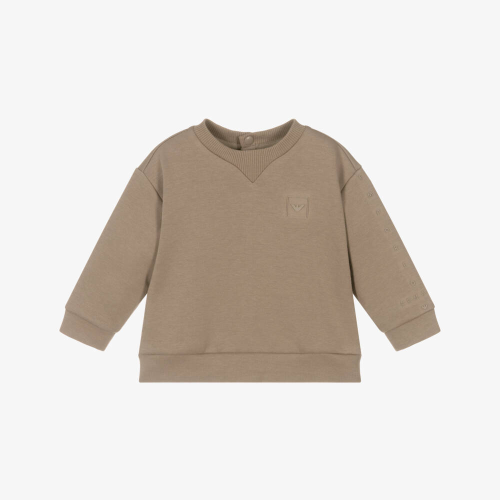 Emporio Armani-Boys Beige Cotton Ribbed Neck Sweatshirt | Childrensalon Outlet