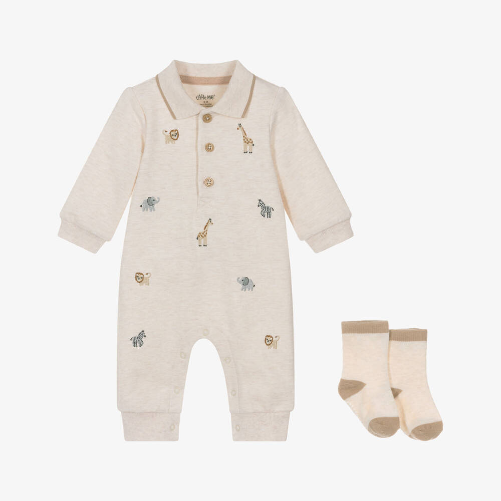 Little Me-Boys Beige Cotton Safari Animals Babysuit Set | Childrensalon Outlet