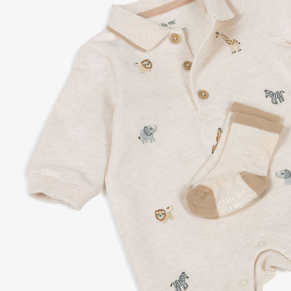 Little Me-Boys Beige Cotton Safari Animals Babysuit Set | Childrensalon Outlet