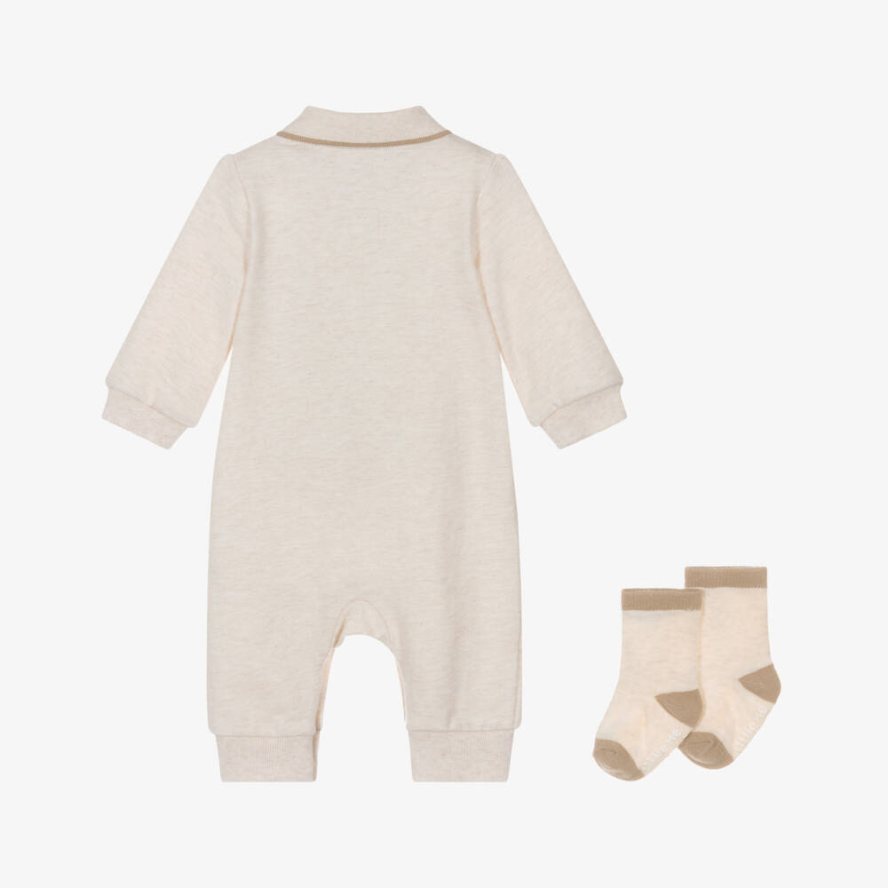 Little Me-Boys Beige Cotton Safari Animals Babysuit Set | Childrensalon Outlet