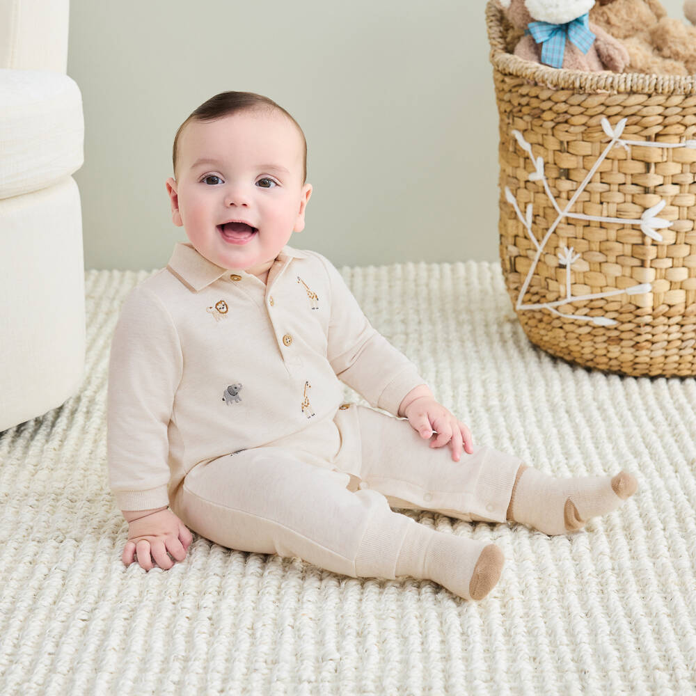 Little Me-Boys Beige Cotton Safari Animals Babysuit Set | Childrensalon Outlet