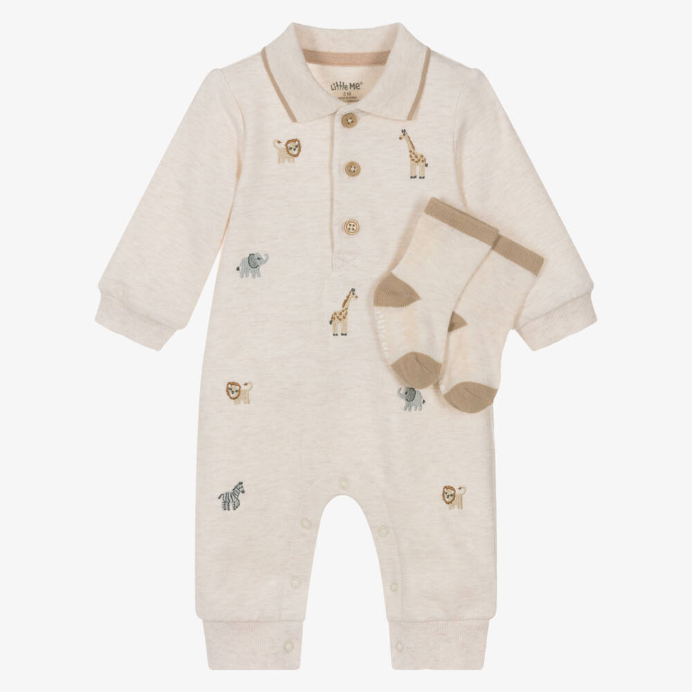 Little Me-Boys Beige Cotton Safari Animals Babysuit Set | Childrensalon Outlet