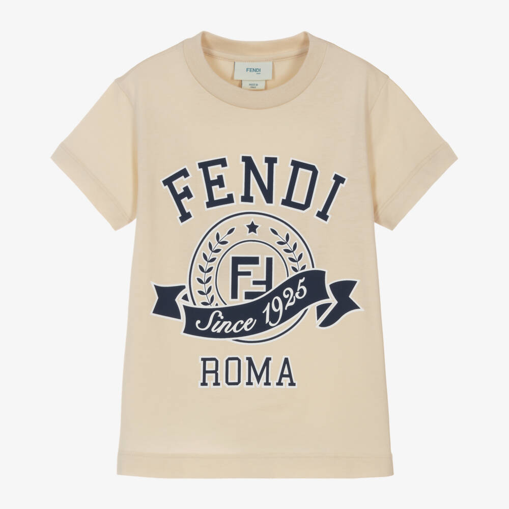 Fendi-Boys Beige Cotton Stamp Logo T-Shirt | Childrensalon Outlet