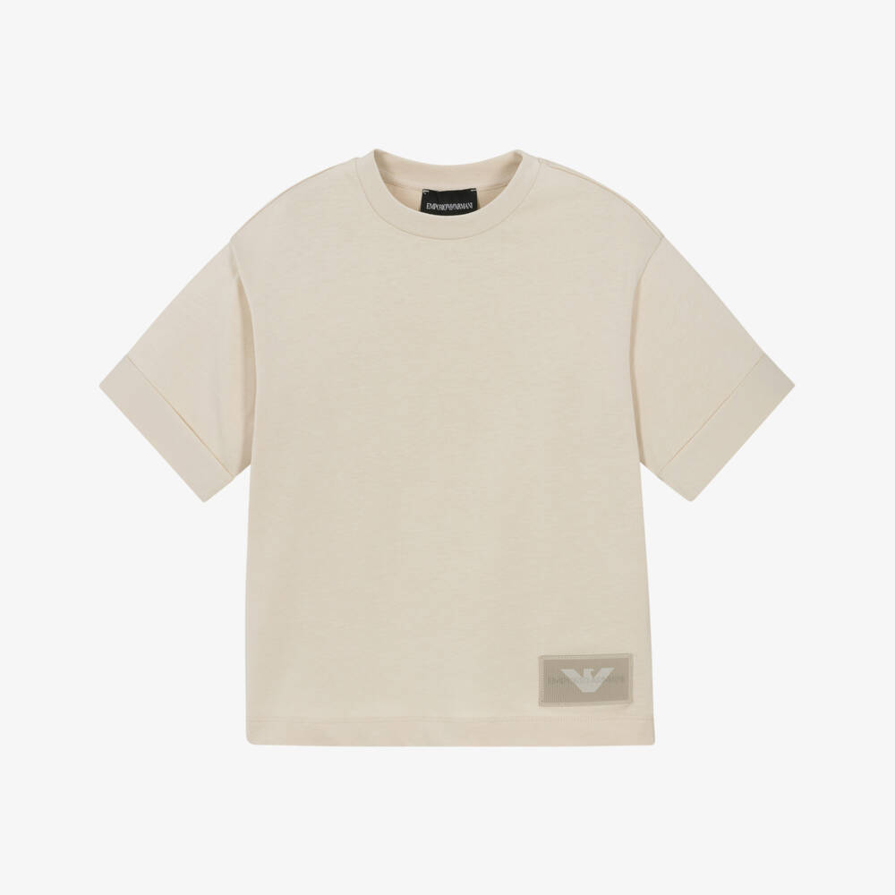 Emporio Armani-Boys Beige Cotton T-Shirt with Lenticular Patch Logo | Childrensalon Outlet