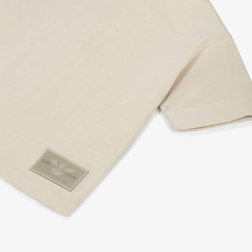 Emporio Armani-Boys Beige Cotton T-Shirt with Lenticular Patch Logo | Childrensalon Outlet