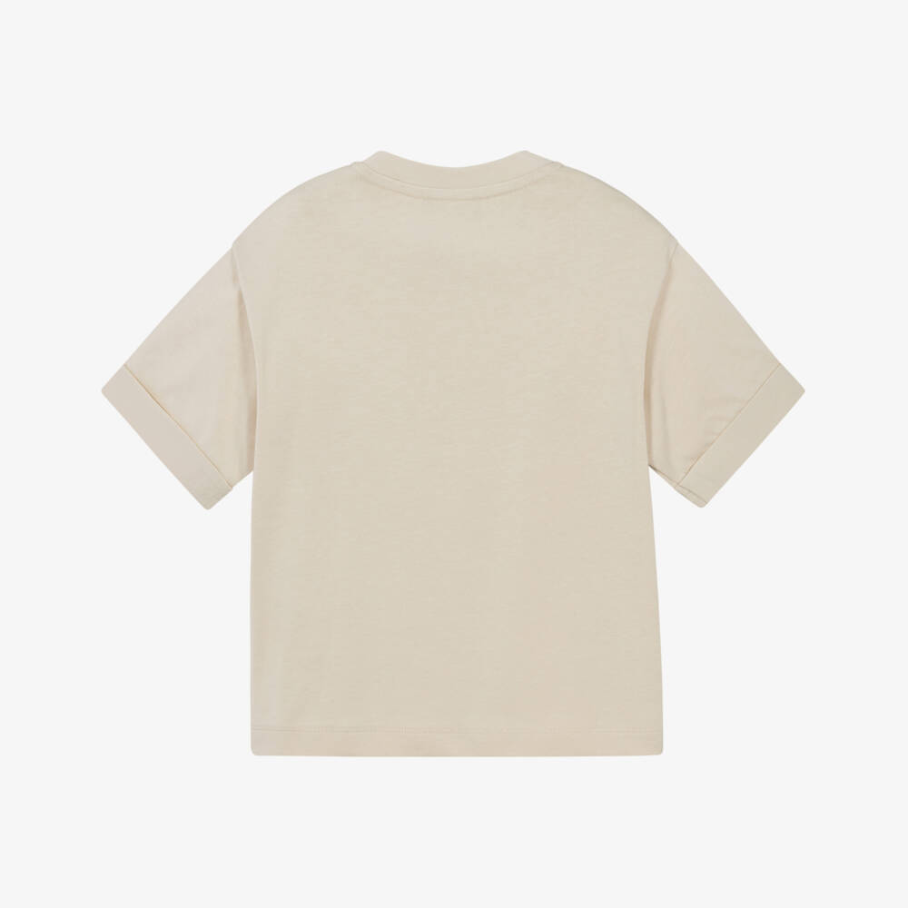 Emporio Armani-Boys Beige Cotton T-Shirt with Lenticular Patch Logo | Childrensalon Outlet