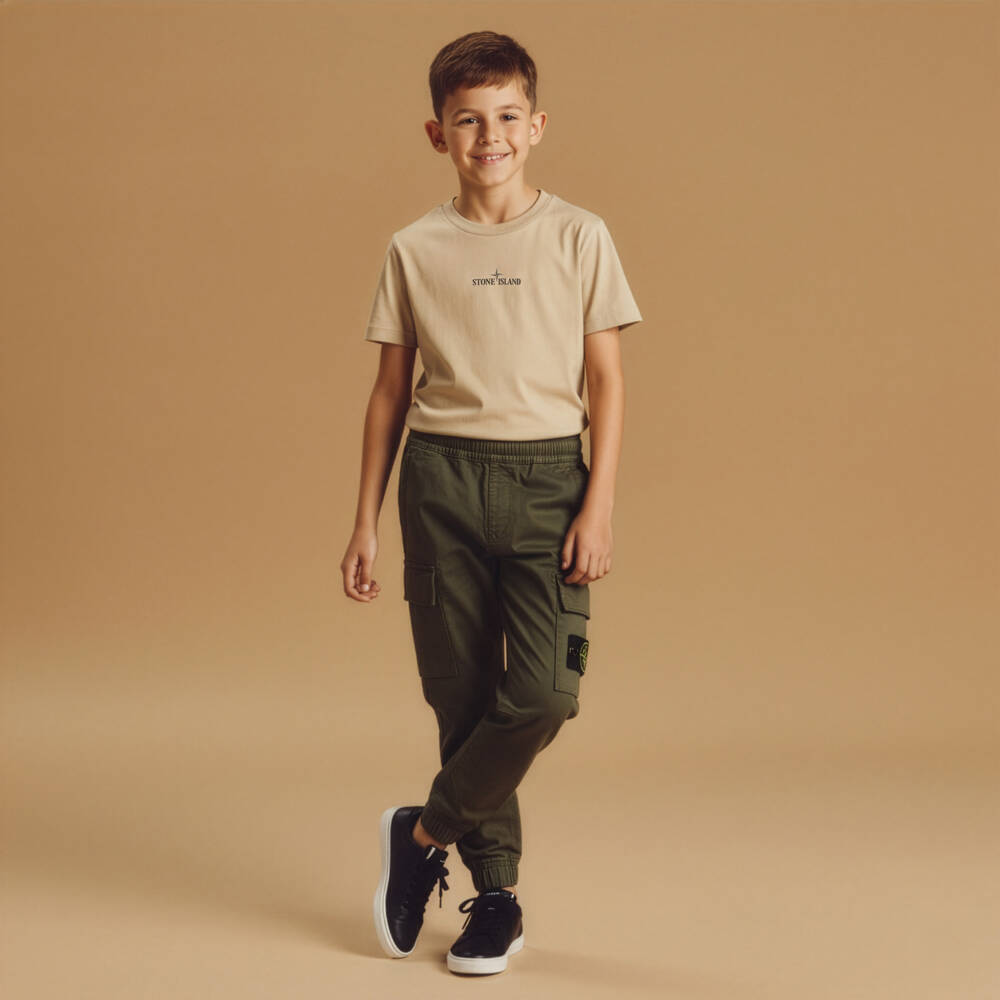 Stone Island Junior-Boys Beige Cotton T-Shirt with Signature Logo | Childrensalon Outlet