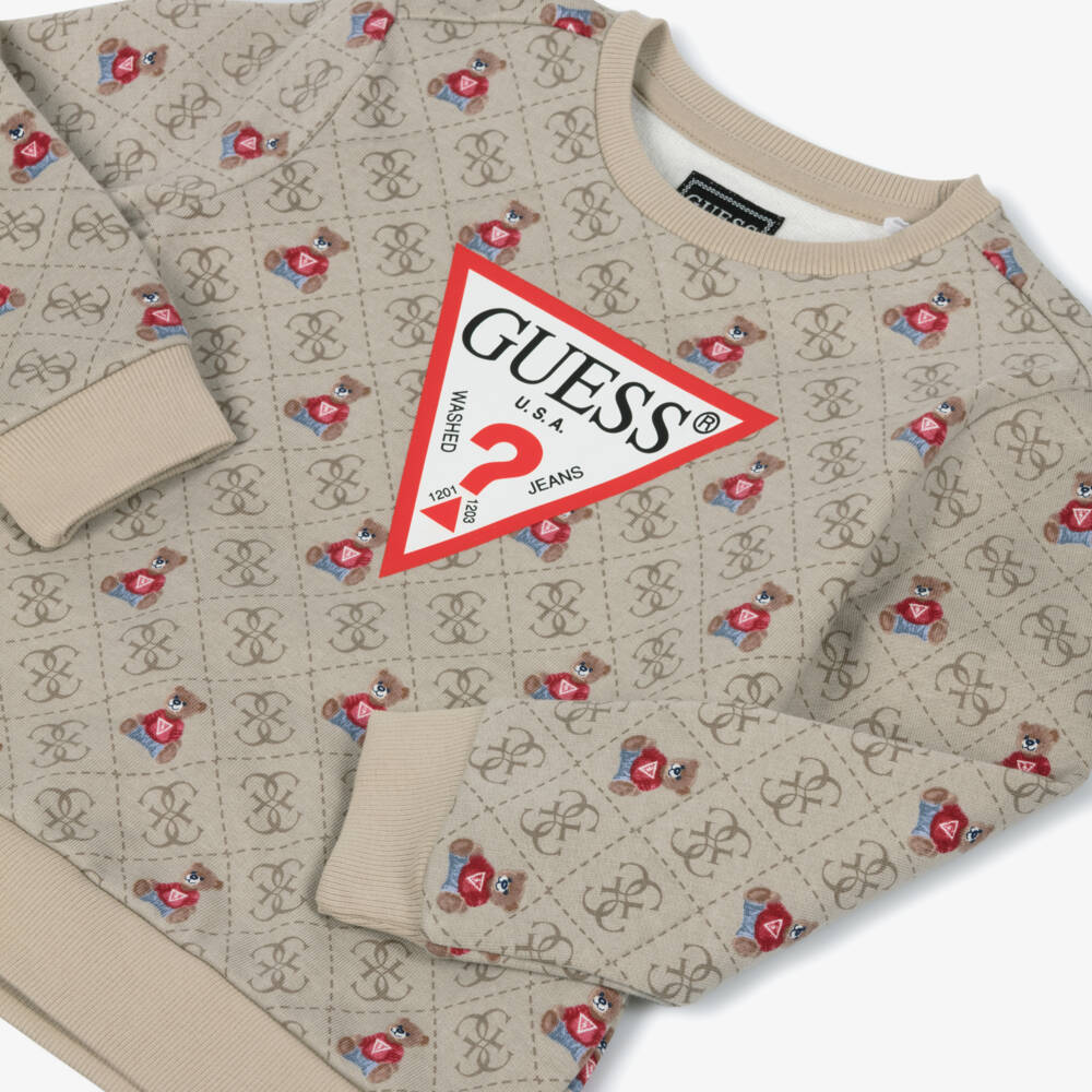 Guess-Boys Beige Cotton Teddy Sweatshirt with Triangle & 4G Logos | Childrensalon Outlet