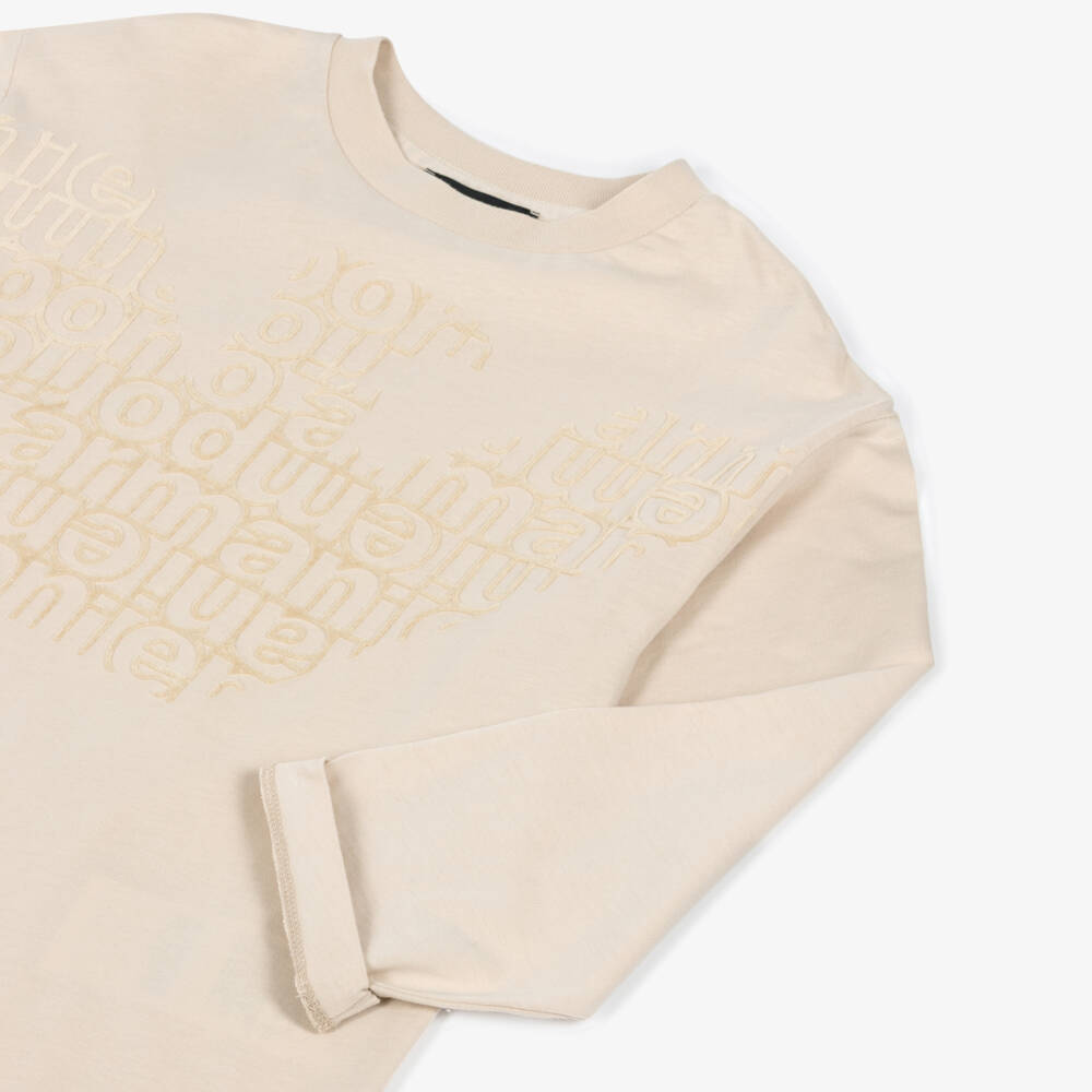 Emporio Armani-Boys Beige Cotton Top with Flocked Eagle Logo | Childrensalon Outlet