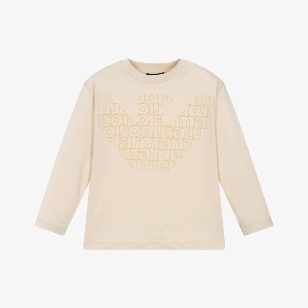 Emporio Armani-Boys Beige Cotton Top with Flocked Eagle Logo | Childrensalon Outlet