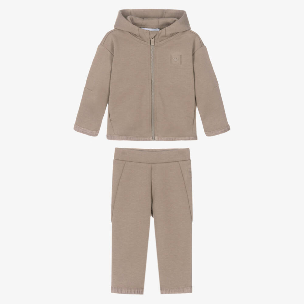 Emporio Armani-Boys Beige Cotton Tracksuit with Chevron Ribbon Trim | Childrensalon Outlet