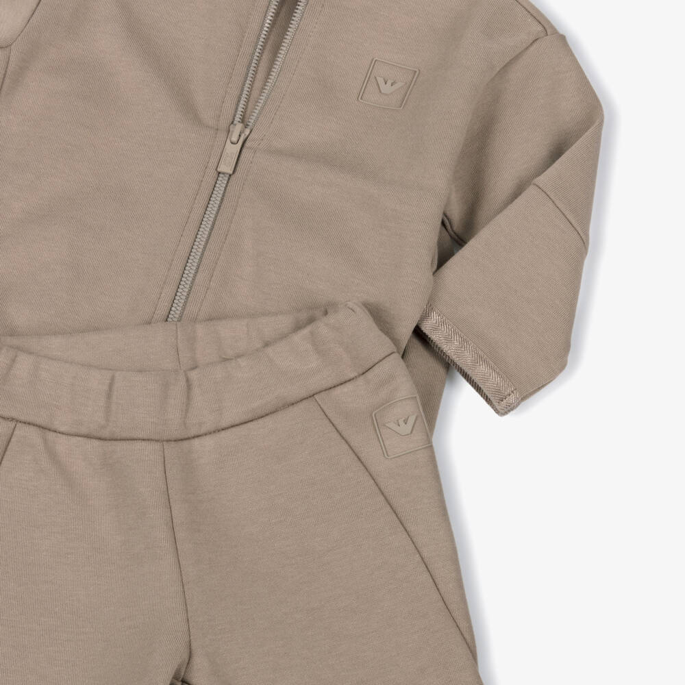 Emporio Armani-Boys Beige Cotton Tracksuit with Chevron Ribbon Trim | Childrensalon Outlet
