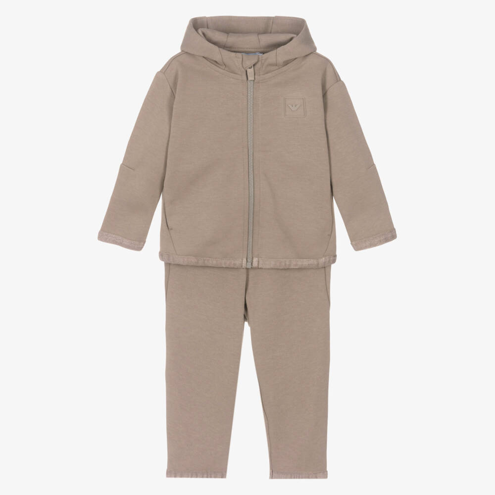 Emporio Armani-Boys Beige Cotton Tracksuit with Chevron Ribbon Trim | Childrensalon Outlet