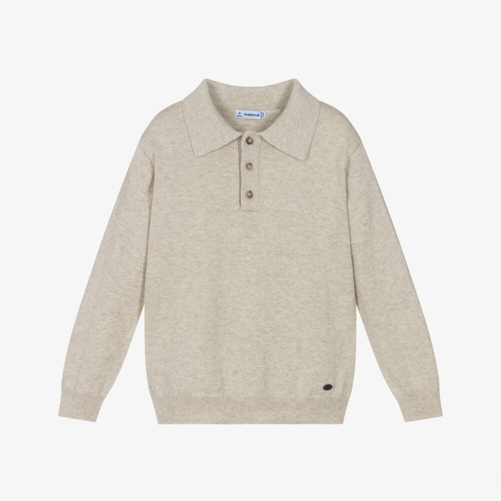 Mayoral-Boys Beige Cotton & Wool Knitted Polo Shirt | Childrensalon Outlet