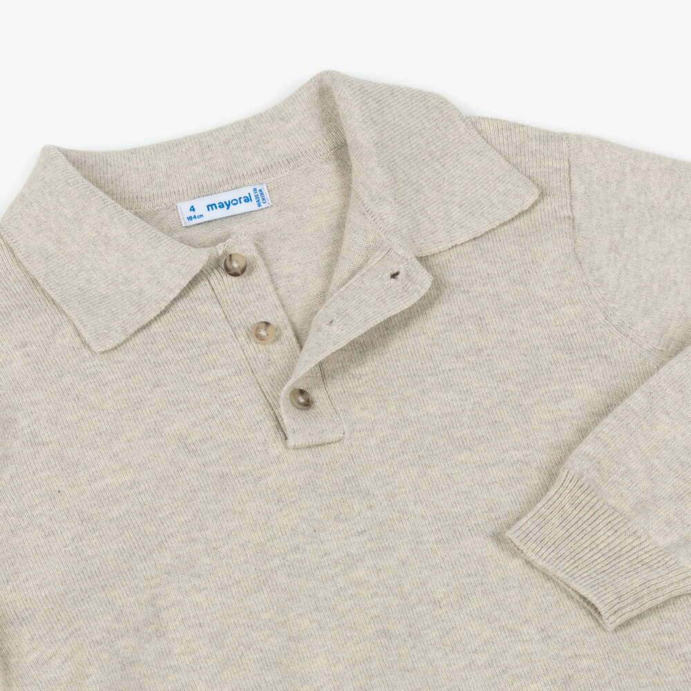 Mayoral-Boys Beige Cotton & Wool Knitted Polo Shirt | Childrensalon Outlet