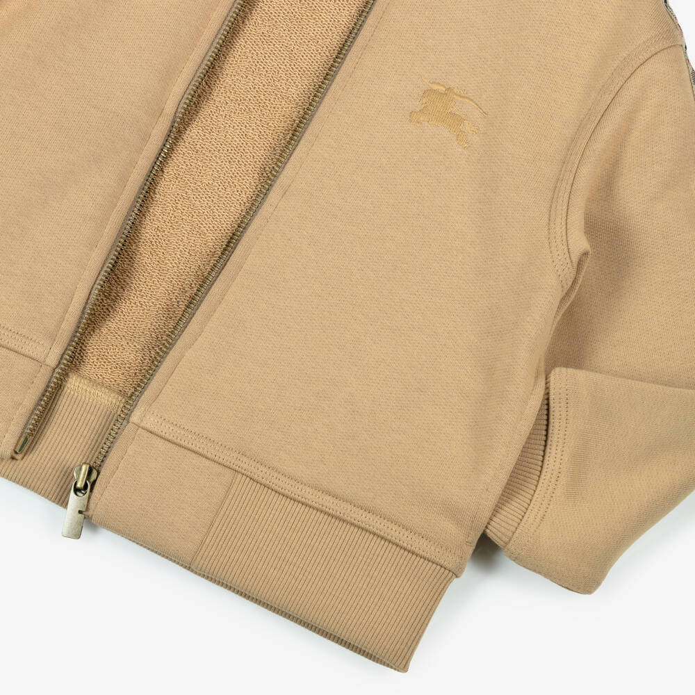 Burberry-Boys Beige Cotton Zip-Up Hoodie with Check Trim & EKD Logo | Childrensalon Outlet