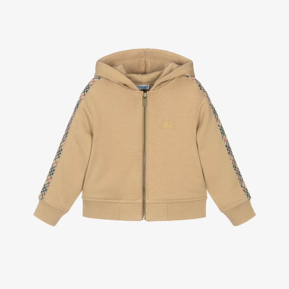 Burberry-Boys Beige Cotton Zip-Up Hoodie with Check Trim & EKD Logo | Childrensalon Outlet