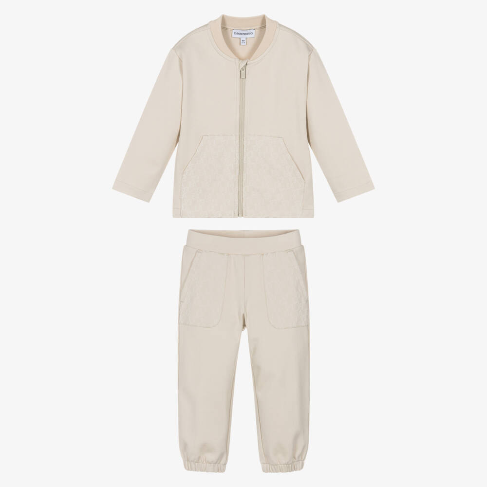 Emporio Armani-Boys Beige Flocked Logo Tracksuit | Childrensalon Outlet