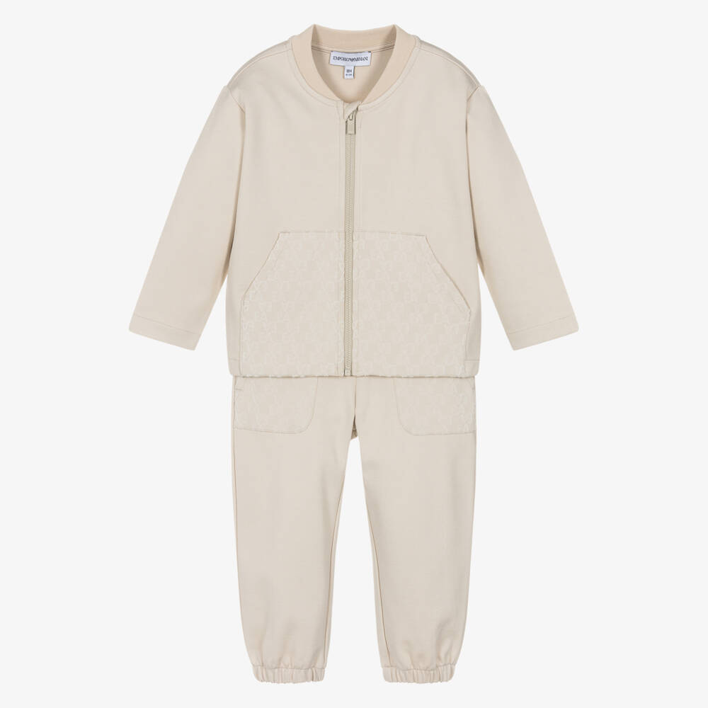 Emporio Armani-Boys Beige Flocked Logo Tracksuit | Childrensalon Outlet