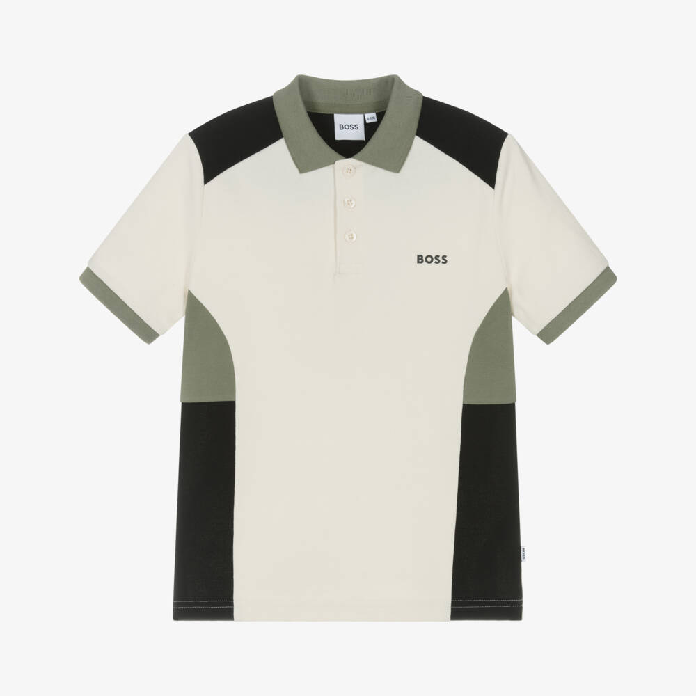 BOSS-Boys Beige, Green & Black Colourblock Cotton Polo Shirt | Childrensalon Outlet