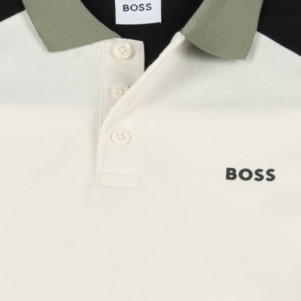 BOSS-Boys Beige, Green & Black Colourblock Cotton Polo Shirt | Childrensalon Outlet