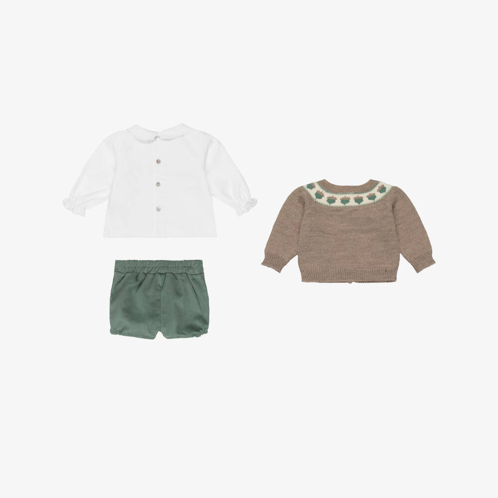Mebi-Boys Beige & Green Fair Isle Shorts Set | Childrensalon Outlet