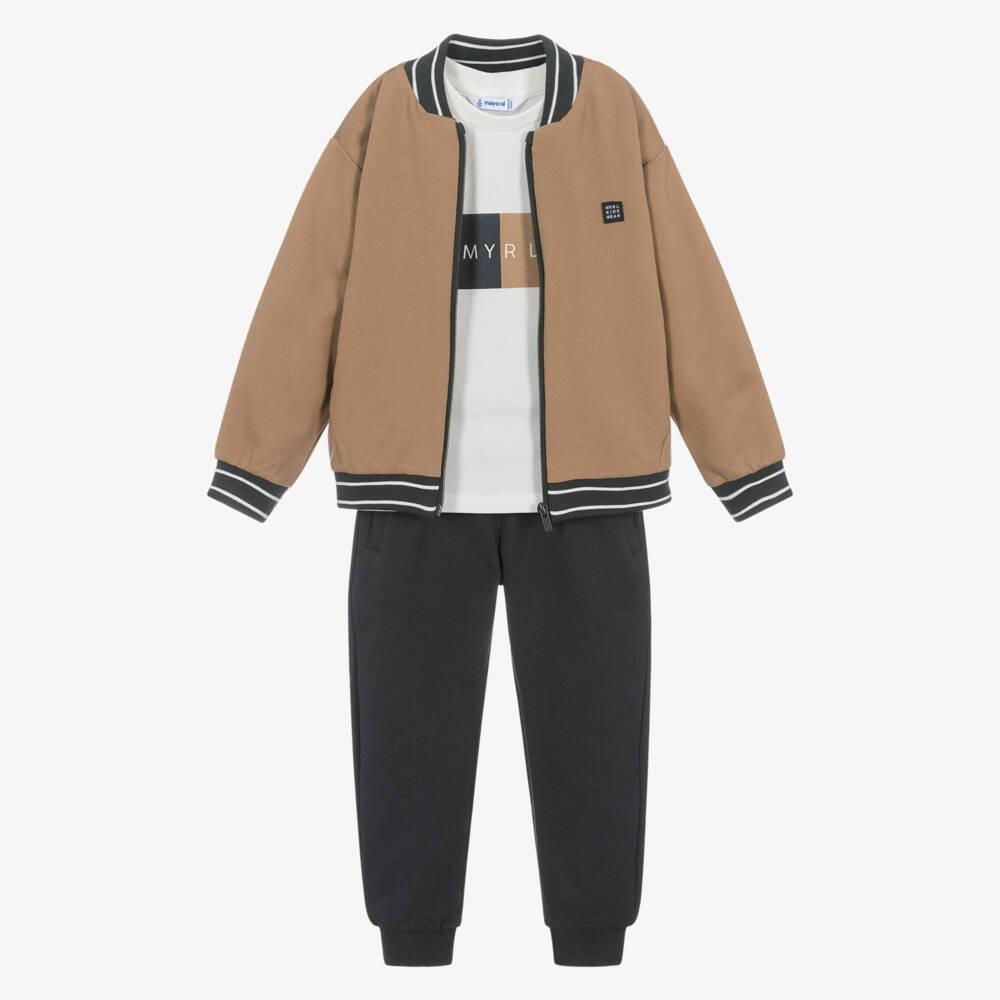 Mayoral-Boys Beige & Grey 3 Piece Cotton Tracksuit | Childrensalon Outlet