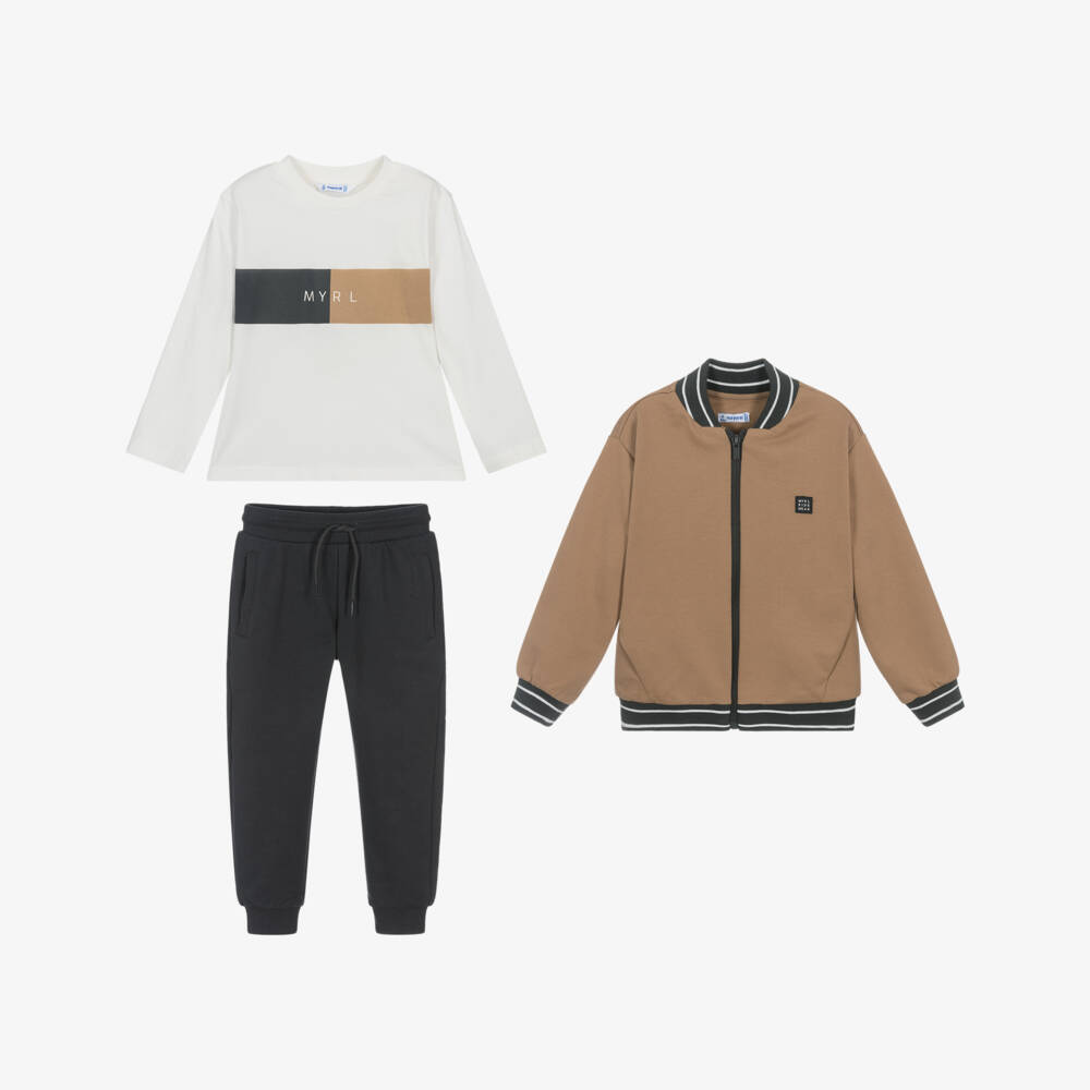 Mayoral-Boys Beige & Grey 3 Piece Cotton Tracksuit | Childrensalon Outlet