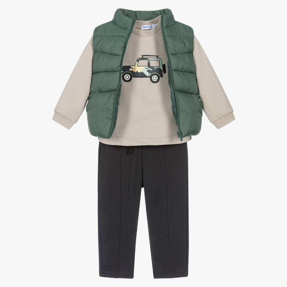 Mayoral-Boys Beige & Grey Cotton Trouser Set with Green Gilet | Childrensalon Outlet