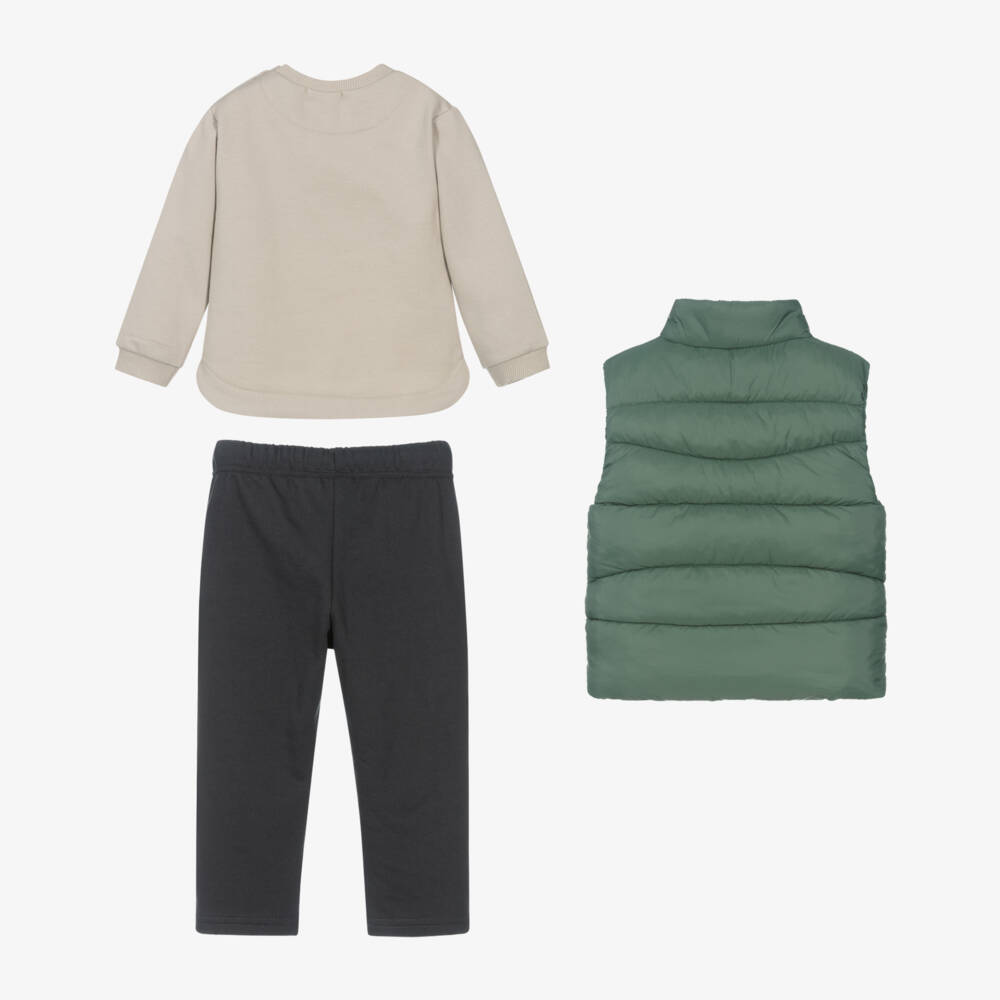 Mayoral-Boys Beige & Grey Cotton Trouser Set with Green Gilet | Childrensalon Outlet