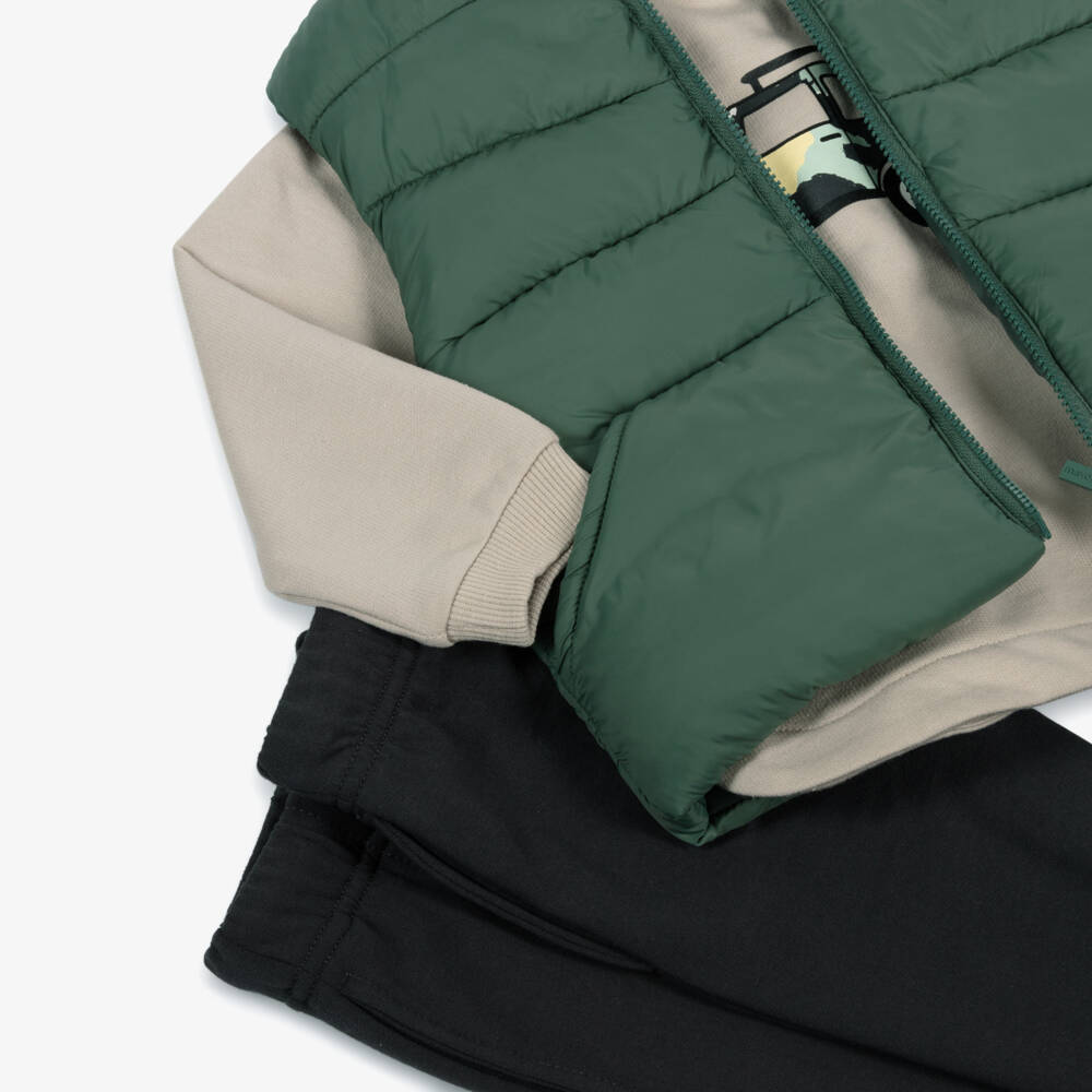 Mayoral-Boys Beige & Grey Cotton Trouser Set with Green Gilet | Childrensalon Outlet