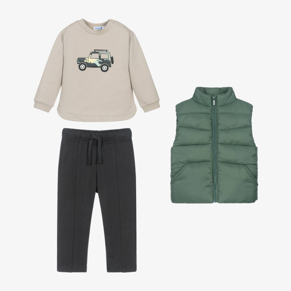 Mayoral-Boys Beige & Grey Cotton Trouser Set with Green Gilet | Childrensalon Outlet