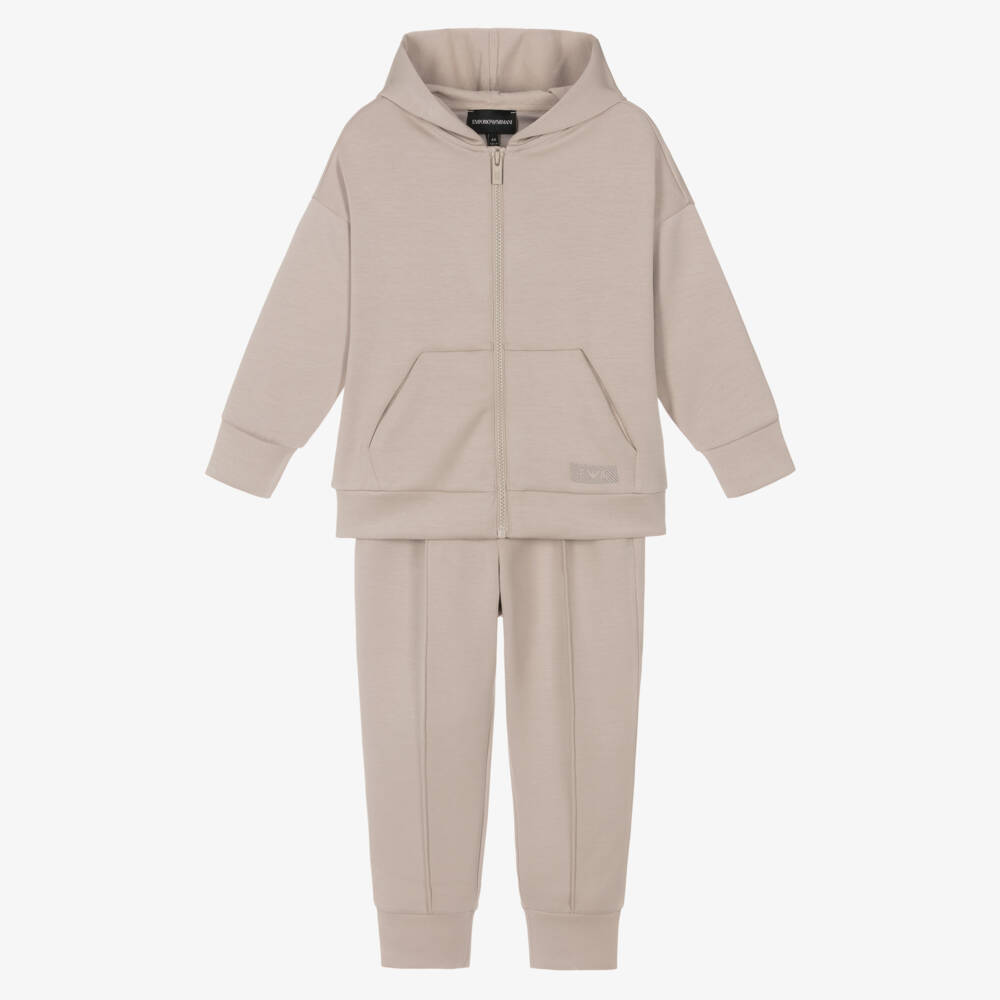 Emporio Armani-Boys Beige Hooded Modal Jersey Tracksuit | Childrensalon Outlet