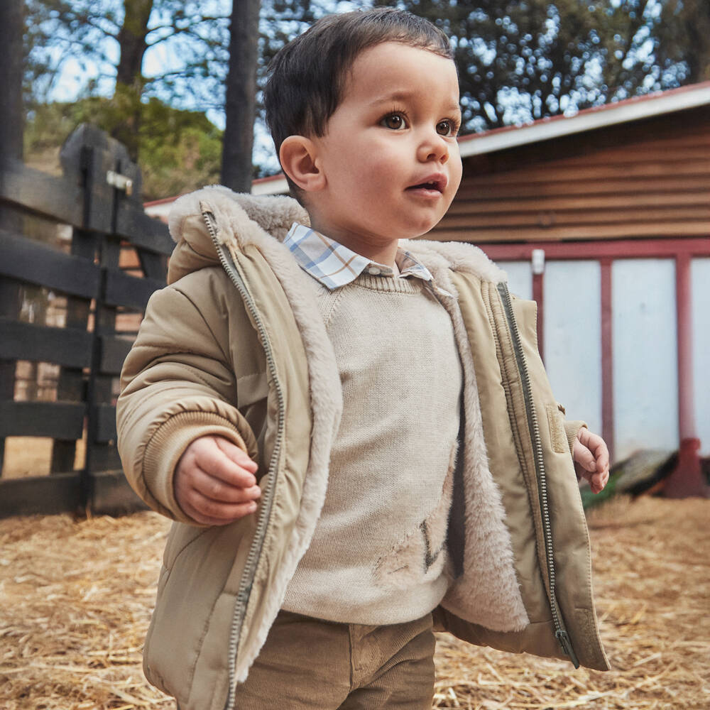 Mayoral-Boys Beige Hooded Puffer Coat with Faux Fur 3D Ears | Childrensalon Outlet