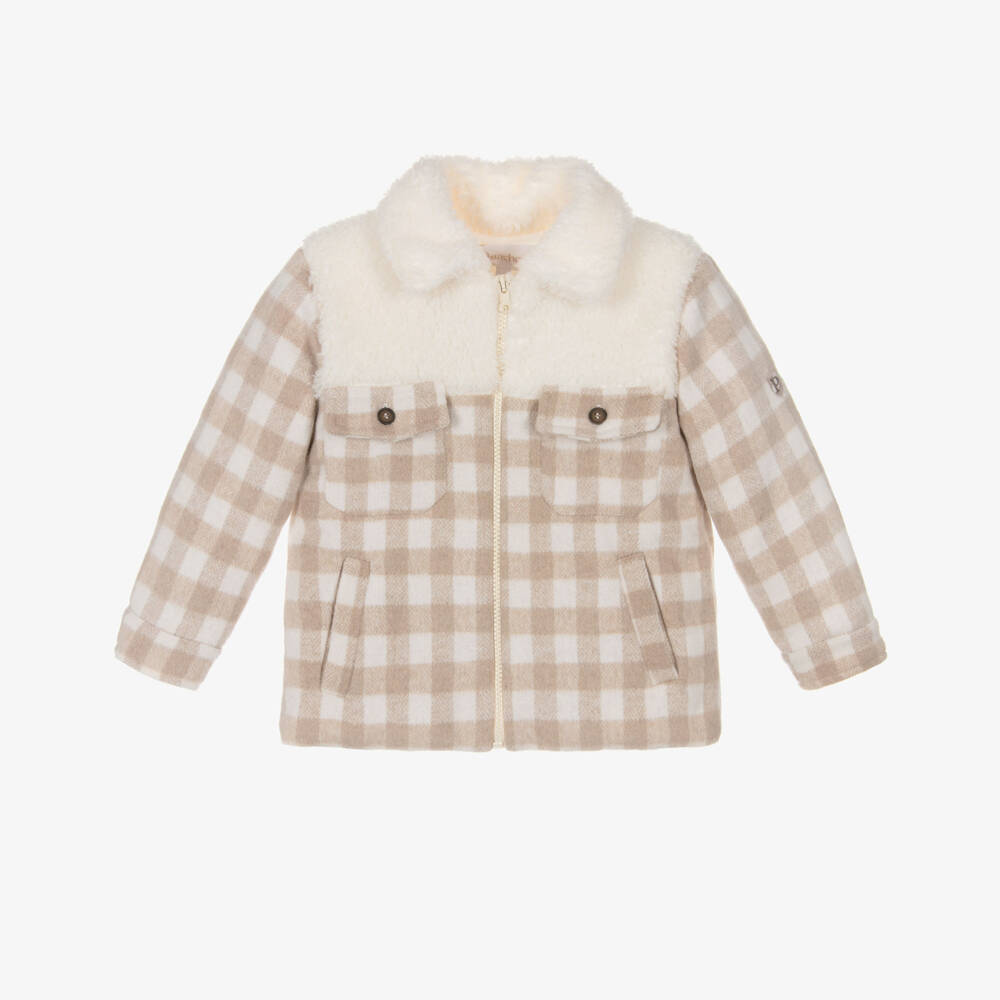 Patachou-Boys Beige & Ivory Check Wool Jacket with Teddy Fleece Trim | Childrensalon Outlet