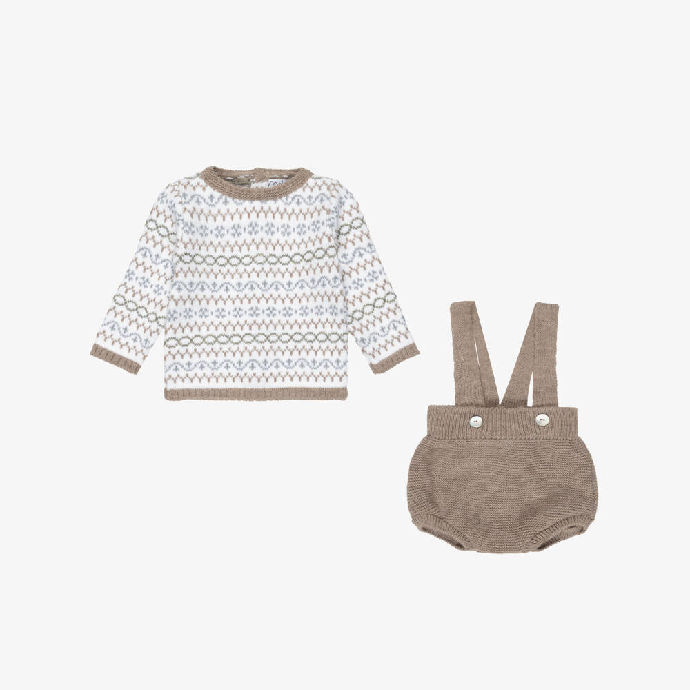 Mebi-Boys Beige & Ivory Knitted Jumper & Shorts Set | Childrensalon Outlet