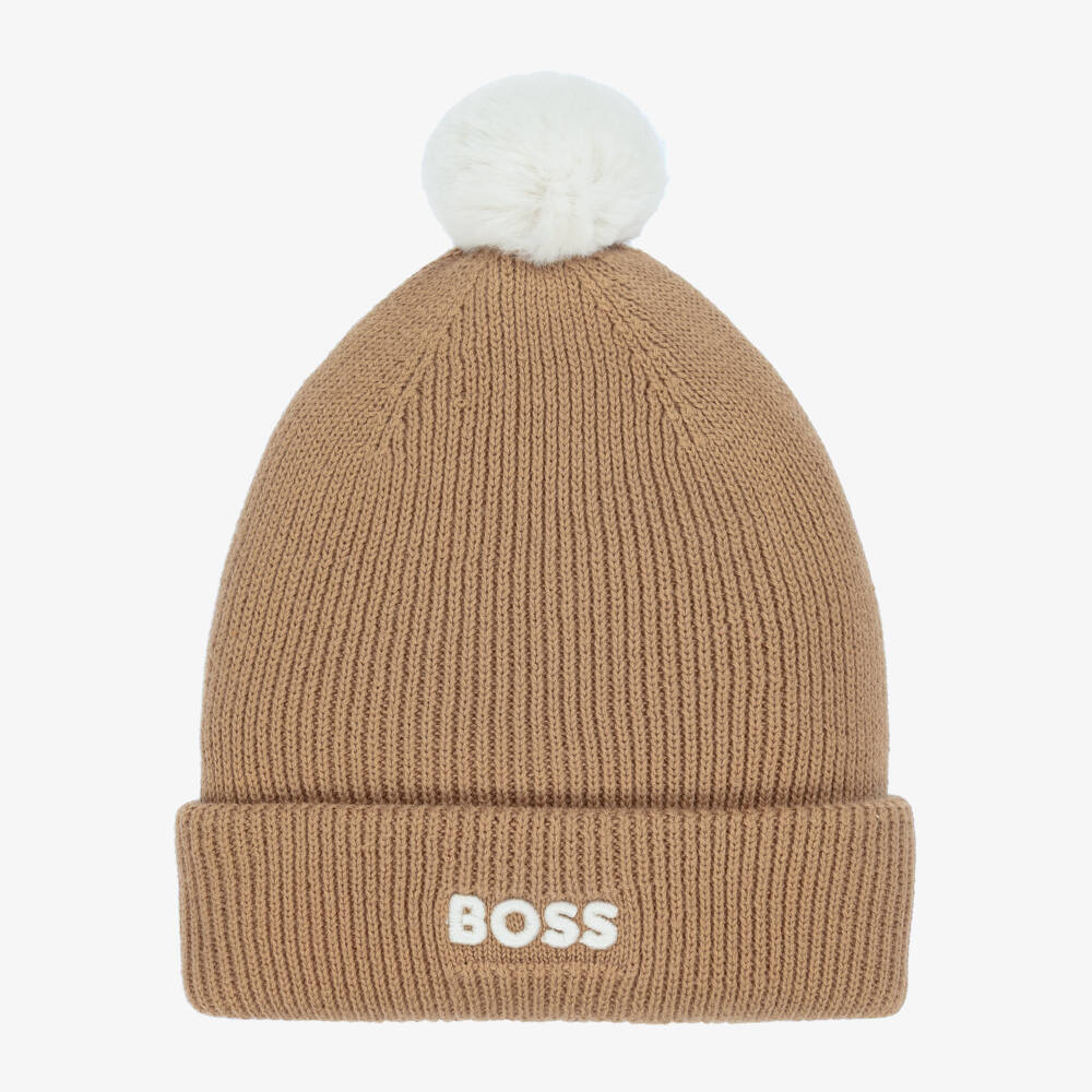 BOSS-Boys Beige Knitted Cotton Pom-Pom Hat | Childrensalon Outlet