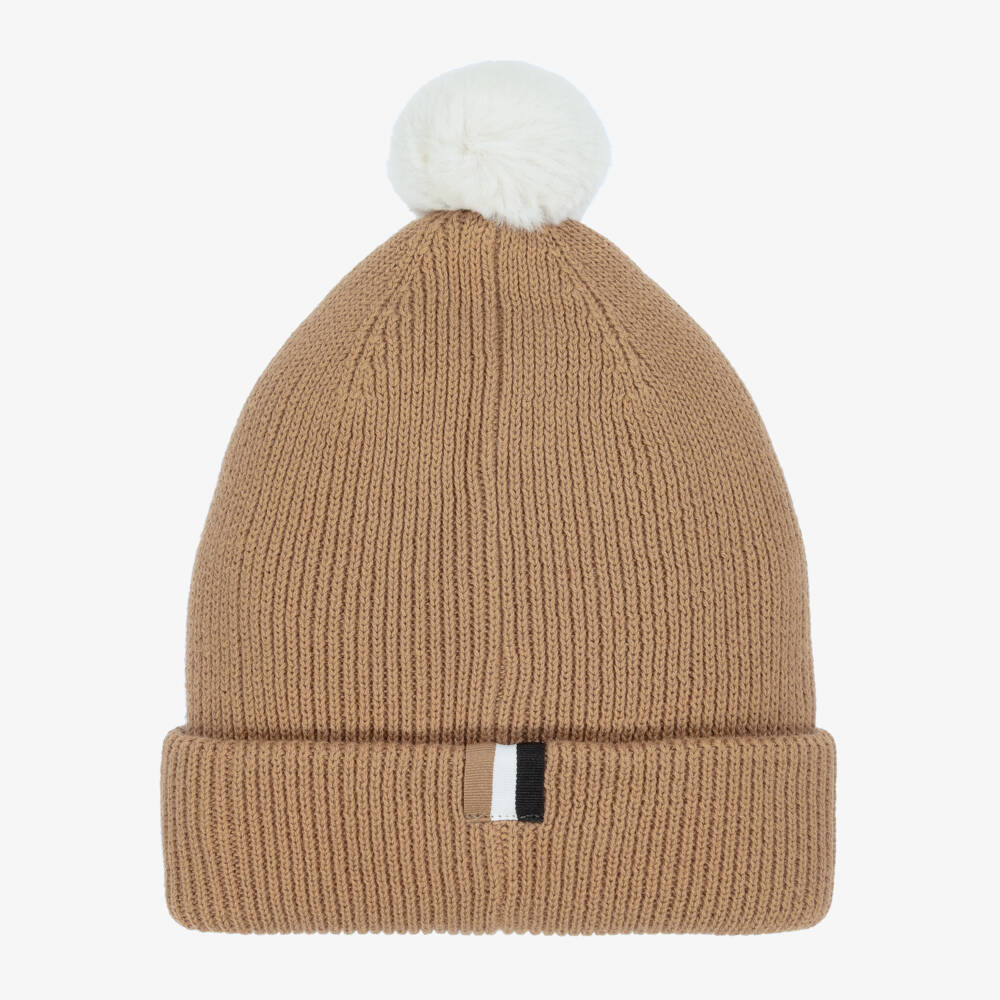 BOSS-Boys Beige Knitted Cotton Pom-Pom Hat | Childrensalon Outlet