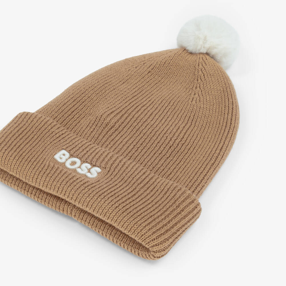 BOSS-Boys Beige Knitted Cotton Pom-Pom Hat | Childrensalon Outlet