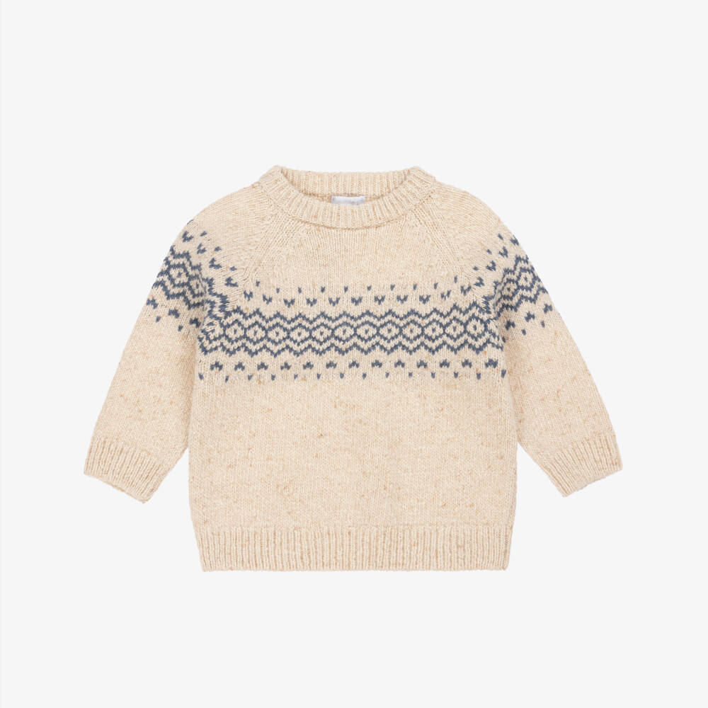 Laranjinha-Boys Beige Marl Wool Knit Fair Isle Jumper | Childrensalon Outlet