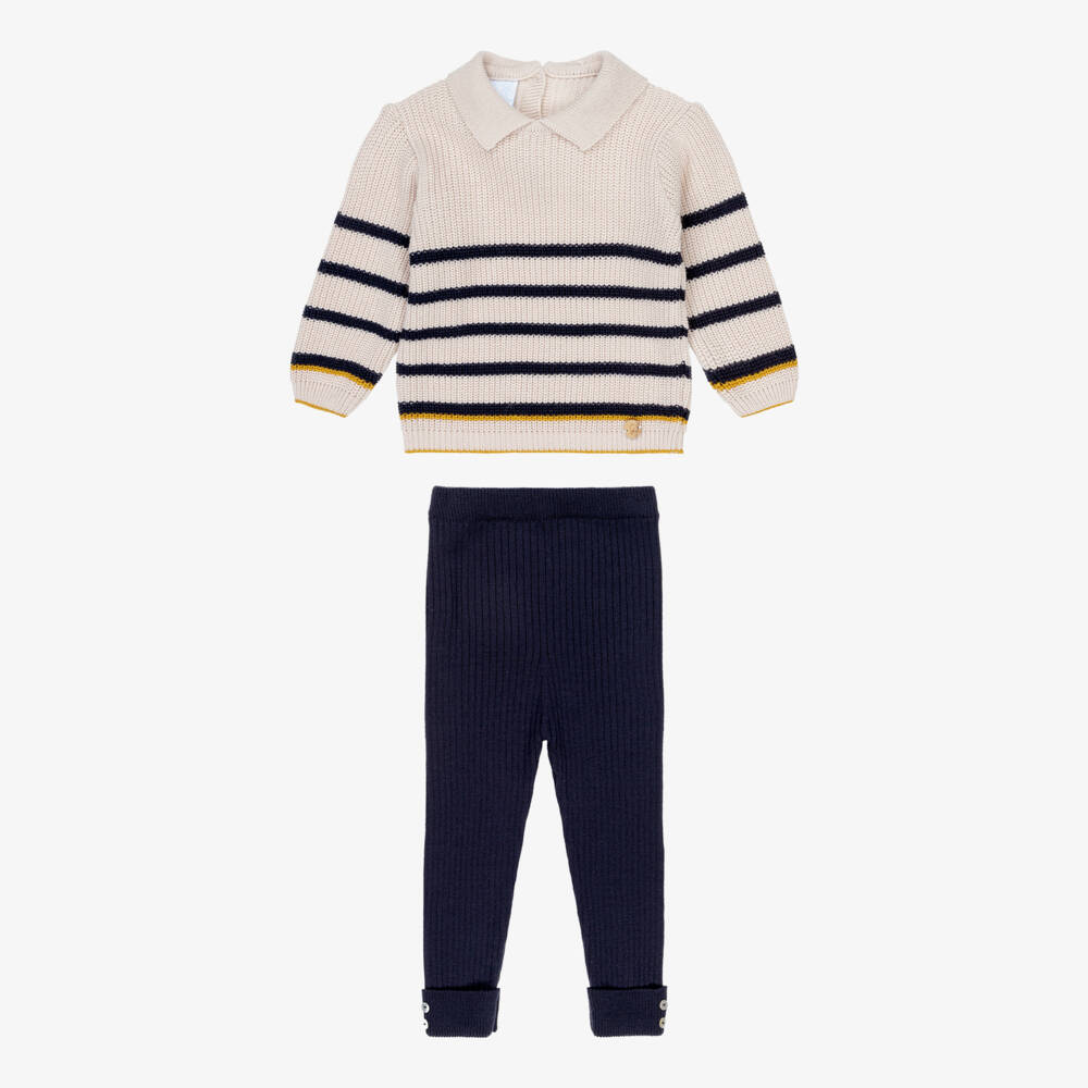 Artesanía Granlei-Boys Beige & Navy Blue Striped Knit Trousers Set | Childrensalon Outlet