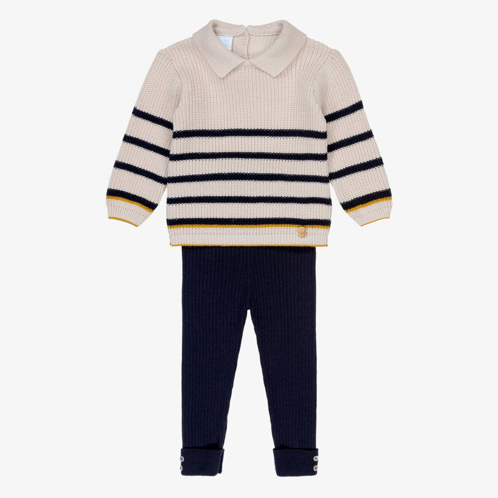 Artesanía Granlei-Boys Beige & Navy Blue Striped Knit Trousers Set | Childrensalon Outlet