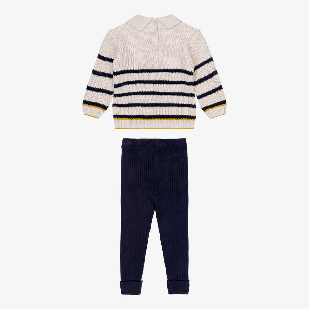 Artesanía Granlei-Boys Beige & Navy Blue Striped Knit Trousers Set | Childrensalon Outlet